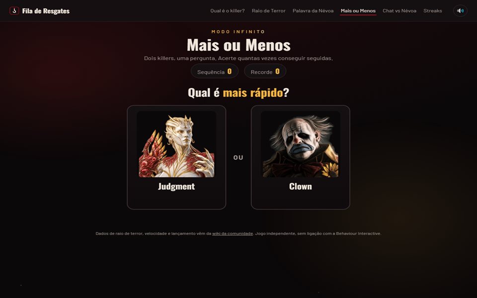 Tela do Mais ou Menos: dois killers lado a lado e a pergunta sobre qual é mais rápido